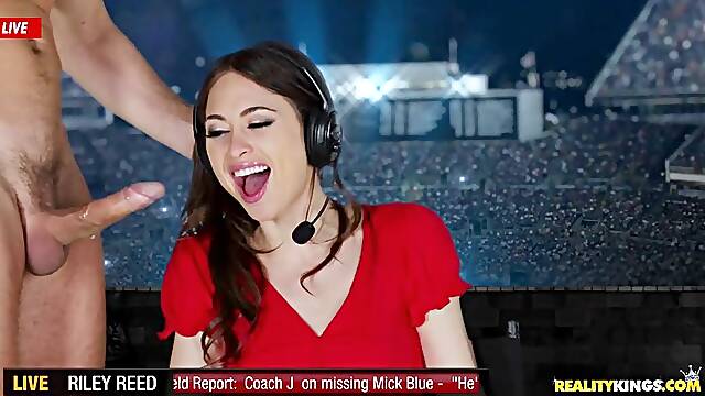 Sexy news reporter gagging and slobbering on cock