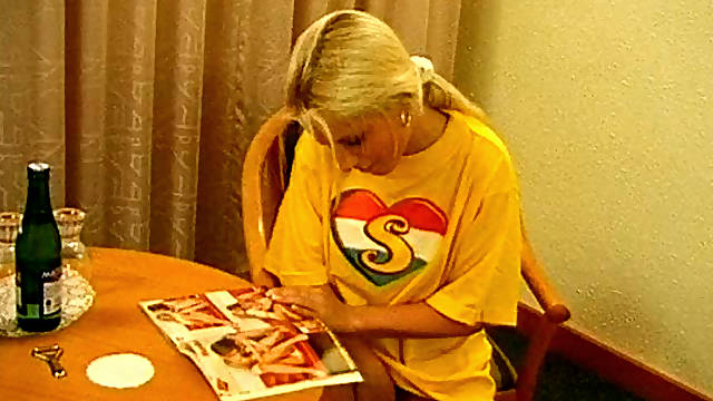 Horny big boobed teen masturbates with big bottle in kitchen