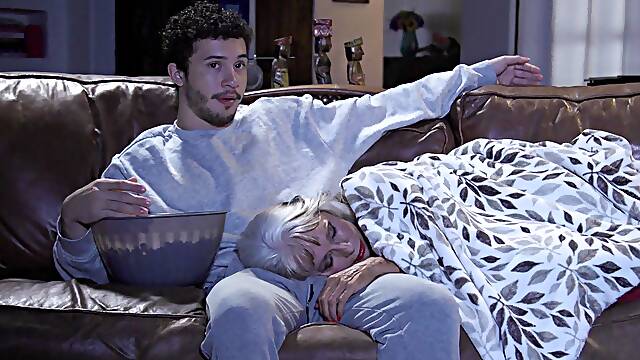 Sally DAngelo blows and rides young dude on the couch