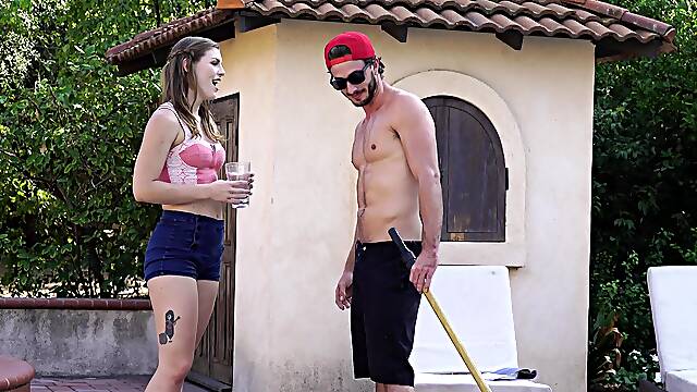 Dashing slut fucked by the pool guy in really intense modes