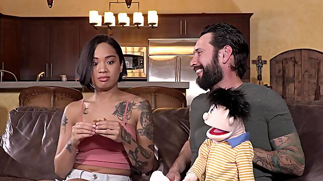 Bearded guy eats her warm pussy in advance to marvelous couch sex