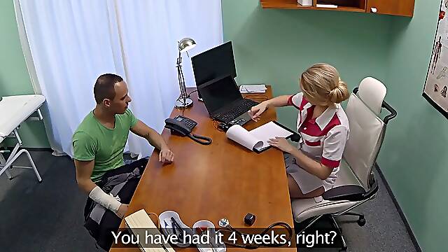 Blonda nurse in full uniform bangs her recent patient - fake medical center