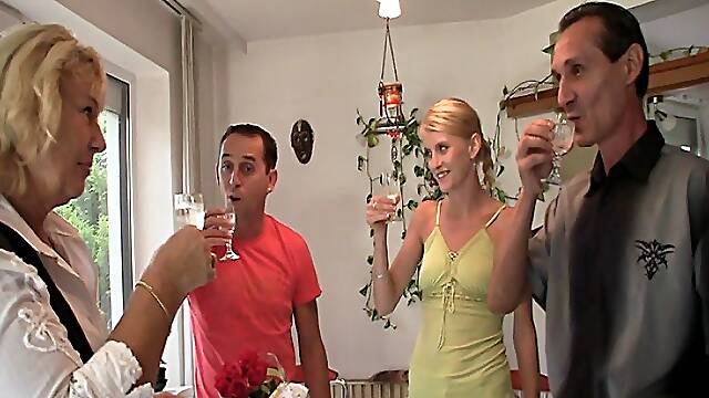 Threesome with his GF and parents. Threesome with his GF and parents