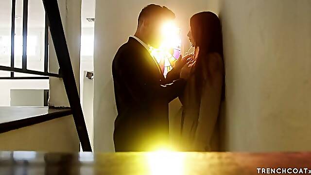 Sexy chick in erotic lingerie and garter belt, Izzy Lush is fucking a handsome, tattooed guy