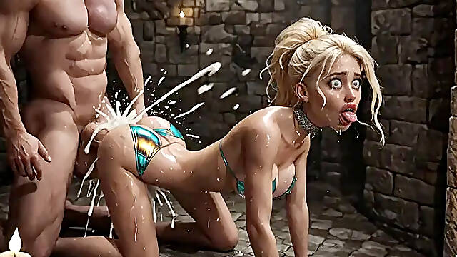 Hot blonde teen Anikka with huge tits gets double facial fucked in AI dungeon