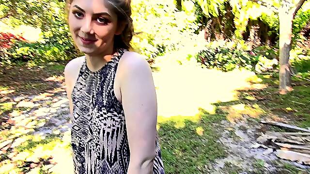 Pretty girl in the garden sucking his dick and getting fucked