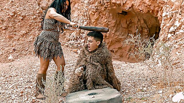 Busty brunette August Taylor pleasures young dude outdoors