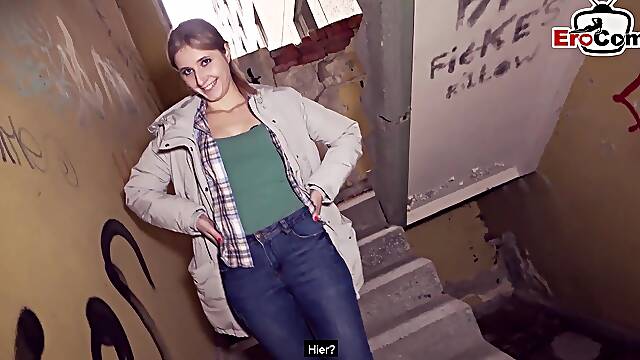 Cute shy Student teen try outdoor date with german pick up guy