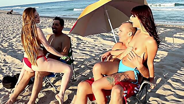 Naughty naturals Gina and Kobi join tattooed studs in a wild beach orgy